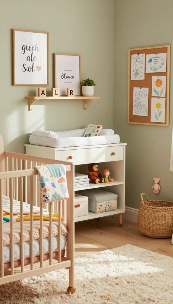 A beautifully designed baby room transitioning to a teen space, featuring warm, inviting colors and a natural, DIY aesthetic. In the foreground, a cozy crib with handmade, colorful bedding and a soft, plush rug. The middle layer includes a charming changing table adorned with simple DIY decor items like wooden name blocks and a wall shelf displaying children's books and toys. In the background, light green walls with framed art pieces showcasing fun, inspiring quotes, and a bulletin board filled with drawings. The lighting is soft and warm, reminiscent of a sunny afternoon, creating a comfortable and inviting atmosphere. The scene is styled in a Pinterest-inspired look, reflecting authenticity and creativity, and includes the brand name "KlickKiste" subtly integrated into the decor elements.