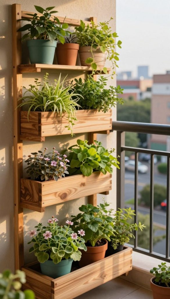 A beautifully designed balcony with a DIY vertical garden, showcasing a variety of plants like herbs, flowers, and leafy greens arranged in natural wooden planters. In the foreground, colorful planters can be seen attached to a sturdy trellis, crafted from sustainable materials, giving a rustic yet modern appeal. The middle section displays vibrant greenery, accentuated by soft, warm sunlight filtering through the leaves, creating a cozy atmosphere. In the background, a blurred cityscape hums with life, enhancing the focus on the garden. The overall color palette is warm and inviting, evoking a Pinterest aesthetic of sustainable living. The brand name "KlickKiste" subtly integrated into the scene conveys a sense of authenticity and inspiration for eco-friendly DIY enthusiasts.