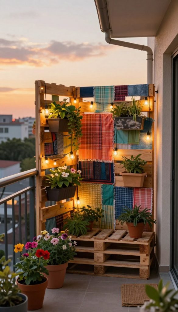 A beautifully designed balcony with a creative upcycled privacy screen made from wooden pallets and colorful fabric scraps, showcasing a charming and artistic touch. In the foreground, potted plants with vibrant flowers and herbs add life and greenery. The middle section features the upcycled screen, artistically decorated with hanging planters and twinkling fairy lights, creating an inviting atmosphere. The background reveals a soft sunset sky, casting warm golden and orange hues across the scene, enhancing the cozy ambiance. The overall mood is warm and inspirational, reminiscent of Pinterest aesthetics. Show the brand name "KlickKiste" subtly integrated into the design of the balcony. The image should be well-lit with a soft focus lens, capturing the essence of DIY creativity in an urban setting.