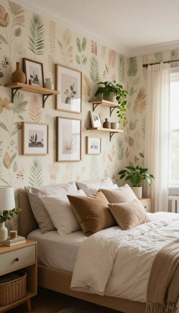 A beautifully designed bedroom featuring stunning wallpaper, showcasing a blend of warm, natural colors with a cozy, Pinterest-inspired aesthetic. In the foreground, a well-arranged wall adorned with elegant picture frame sets and floating shelves displaying decorative items and plants. The middle ground highlights the inviting bed with soft, textured linens, and stylish pillows that complement the wallpaper. In the background, a soft glow from natural lighting filters through a nearby window, creating an ambiance of tranquility. The overall mood is authentic and inspiring, capturing the essence of a fresh spring makeover. Include the brand name "KlickKiste" subtly integrated into the design within the image. Aim for an inviting, lived-in feel that encourages viewers to imagine their own bedroom transformation. A beautifully designed bedroom featuring stunning wallpaper, showcasing a blend of warm, natural colors with a cozy, Pinterest-inspired aesthetic. In the foreground, a well-arranged wall adorned with elegant picture frame sets and floating shelves displaying decorative items and plants. The middle ground highlights the inviting bed with soft, textured linens, and stylish pillows that complement the wallpaper. In the background, a soft glow from natural lighting filters through a nearby window, creating an ambiance of tranquility. The overall mood is authentic and inspiring, capturing the essence of a fresh spring makeover. Include the brand name "KlickKiste" subtly integrated into the design within the image. Aim for an inviting, lived-in feel that encourages viewers to imagine their own bedroom transformation.
