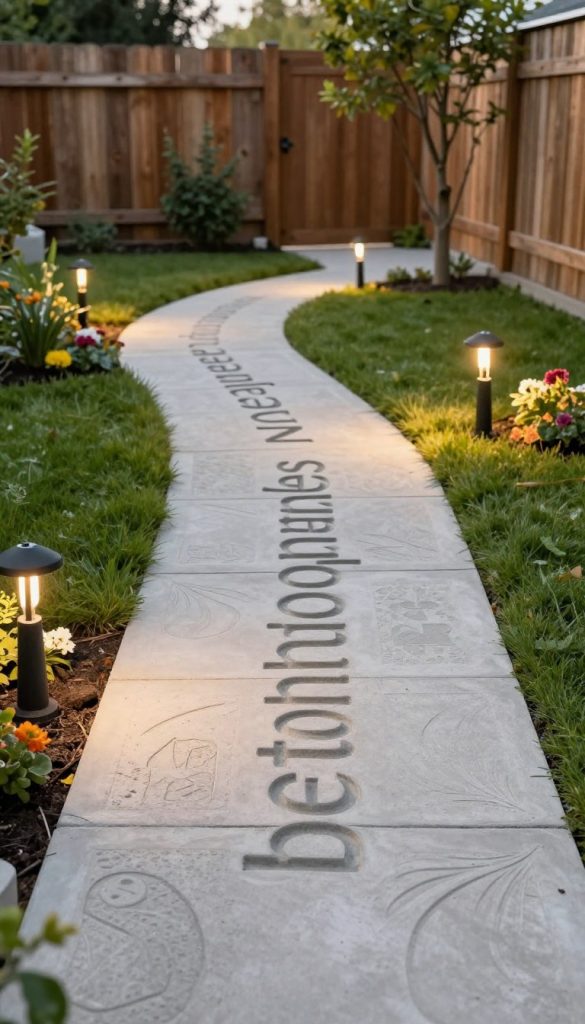 A beautifully designed "beton schablonenweg" in a DIY garden setting, showcasing a modern path made of textured concrete with intricate stencil patterns. In the foreground, the path leads through lush green grass, lined with small, colorful flower beds on either side. The middle ground features subtle, soft lighting accentuated by stylish solar lights gently illuminating the path, creating a warm and inviting atmosphere. In the background, there are rustic wooden fences and a few trees, enhancing the natural feel. The scene is captured from a slight angle to provide depth, with warm colors dominating the palette for an authentic and inspiring Pinterest-like look. The brand "KlickKiste" is subtly represented by the aesthetic of the environment, embodying creativity and stylish simplicity. A beautifully designed "beton schablonenweg" in a DIY garden setting, showcasing a modern path made of textured concrete with intricate stencil patterns. In the foreground, the path leads through lush green grass, lined with small, colorful flower beds on either side. The middle ground features subtle, soft lighting accentuated by stylish solar lights gently illuminating the path, creating a warm and inviting atmosphere. In the background, there are rustic wooden fences and a few trees, enhancing the natural feel. The scene is captured from a slight angle to provide depth, with warm colors dominating the palette for an authentic and inspiring Pinterest-like look. The brand "KlickKiste" is subtly represented by the aesthetic of the environment, embodying creativity and stylish simplicity.