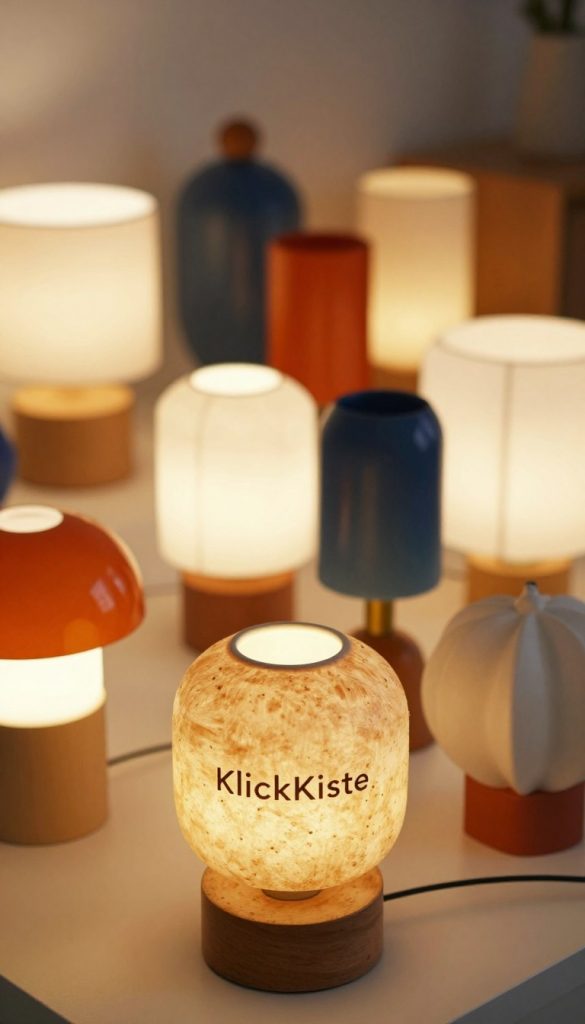 A beautifully designed collection of upcycled lamps, showcasing unique elements and vibrant colors typical of "KlickKiste". In the foreground, a detailed focus on a stylish, modern lamp crafted from reclaimed materials, featuring a warm, textured finish. The middle ground includes an assortment of diverse lamp designs, each reflecting creativity and sustainability, with varying shapes and surface treatments such as matte and glossy. The background displays a softly lit cozy space, enhancing the inviting atmosphere with warm light, gentle shadows, and an earthy color palette. Captured from a slightly elevated angle, the image radiates a Pinterest-inspired aesthetic, promoting an authentic and inspirational vibe, perfect for showcasing the art of design refinement in DIY upcycling.