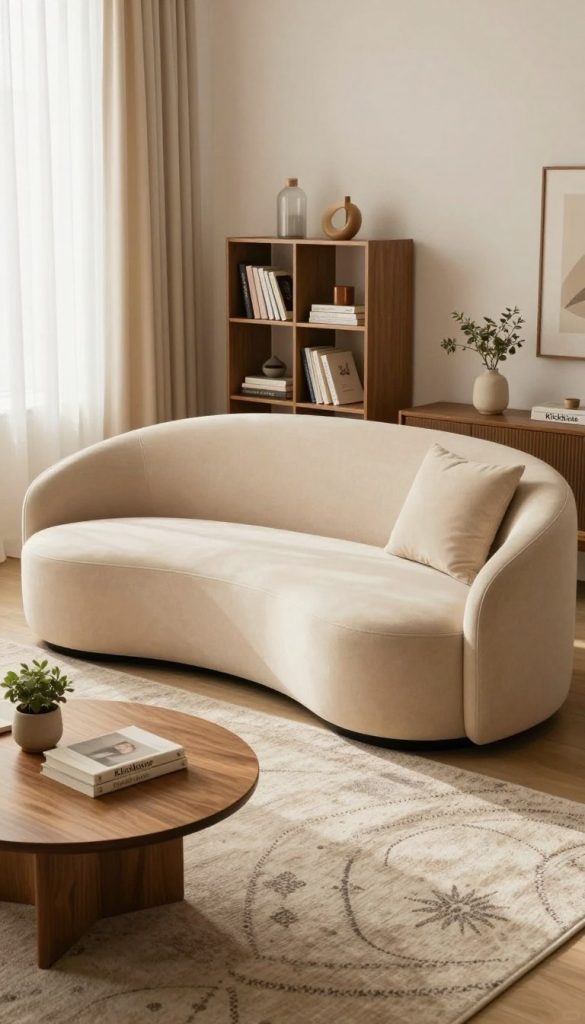 A beautifully designed curved sofa takes center stage in a stylish living room. The sofa is upholstered in soft, warm beige fabric, elegantly shaped with gentle curves that invite relaxation. Surrounding the sofa, a cozy area rug with subtle patterns offers a contrasting texture. In the foreground, a round wooden coffee table showcases a few carefully arranged decorative items like a small potted plant and a coffee table book. The middle background features a modern bookshelf with a variety of books and decor. Soft, natural light filters through sheer curtains, creating a warm, inviting atmosphere. The overall mood is serene and inspiring, perfect for a DIY article on curved furniture trends. Brand name "KlickKiste" subtly integrated into the environment, reflecting a chic and authentic Pinterest aesthetic.