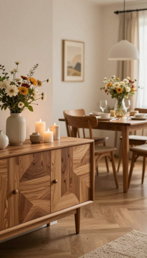 A beautifully designed dining room featuring an elegant sideboard and a stylish side table brimming with decorative items. The foreground captures the intricate textures of the wood grain on the sideboard, adorned with a vase of fresh flowers and artfully arranged candles, creating a warm, inviting atmosphere. In the middle, a cozy dining table set with rustic, handcrafted tableware complements the decor, reflecting a DIY aesthetic with natural elements. The background showcases soft, ambient lighting that illuminates the space, enhancing the warm color palette typical of inspiring Pinterest designs. The overall mood is authentic and inspiring, embodying the creative spirit of modern dinning room decor with a touch of innovation from KlickKiste.