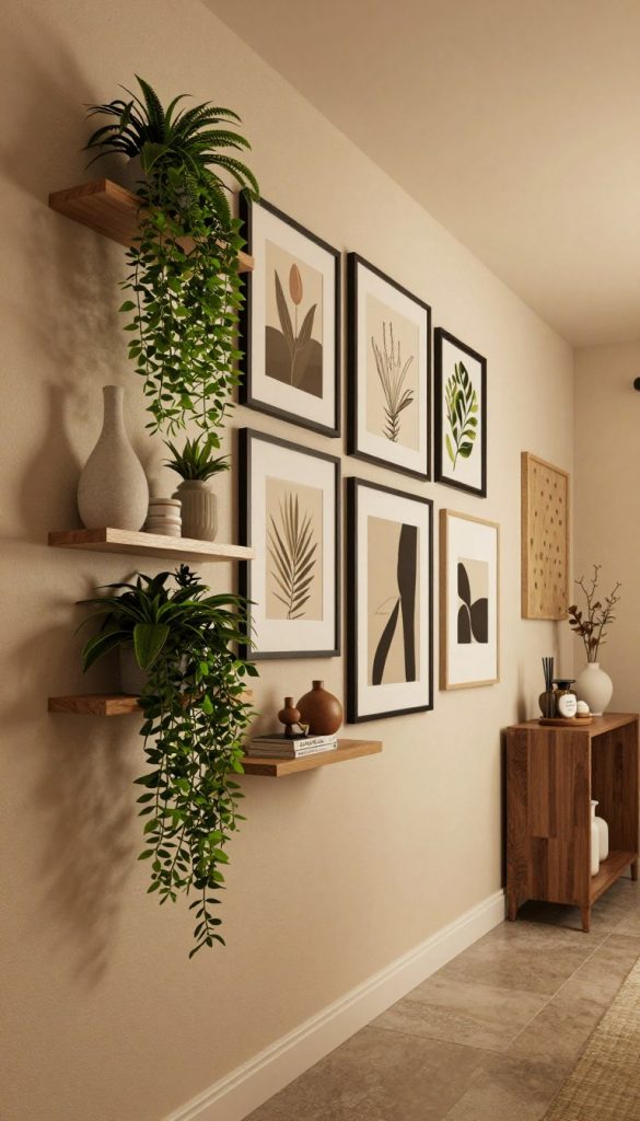 A beautifully designed hallway featuring modern wall decor ideas that add depth without taking up floor space. In the foreground, showcase an elegant vertical garden with greenery cascading down a textured wall, complemented by minimalist floating shelves adorned with stylish decor items. The middle ground presents a series of framed artworks in various sizes, creating an eye-catching gallery wall. Soft, warm lighting casts a welcoming glow, accentuating the rich colors of the decor. In the background, a simple console table with decorative elements enhances the calm atmosphere. The scene embodies a cozy, Pinterest-inspired aesthetic, emphasizing natural materials and earthy tones, creating an inspiring and authentic environment. Branding elements subtly integrated with "KlickKiste" for a touch of personalization.