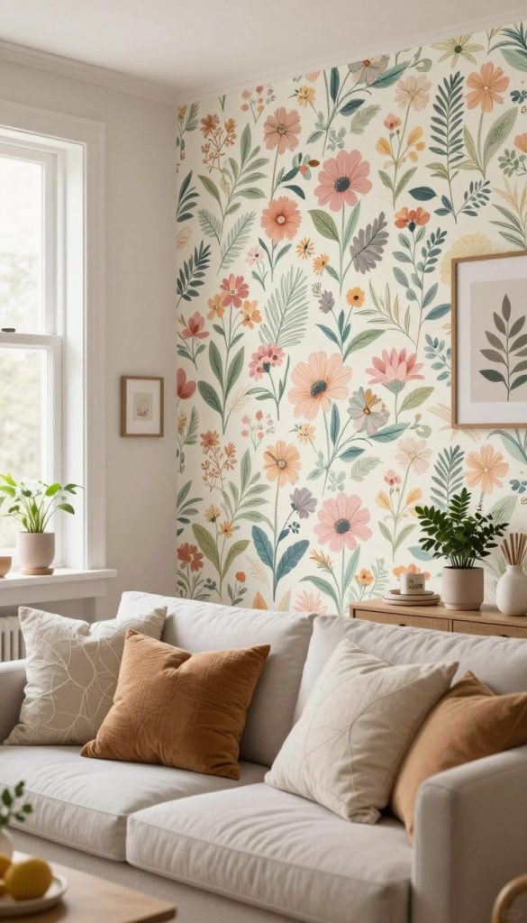 A beautifully designed interior room showcasing modern wallpaper placement, focusing on creating a striking accent wall without overwhelming the space. In the foreground, a carefully arranged cozy seating area with neutral-toned furniture and warm, textured cushions invites relaxation. The middle ground features a vibrant accent wall adorned with a trendy, intricate floral wallpaper in soft pastel colors, elegantly framed by minimalist wall decor and plants. In the background, large windows allow natural light to filter in, casting a warm glow throughout the room, enhancing the inviting atmosphere. The scene exudes a DIY aesthetic, with Pinterest-inspired decor elements that are both authentic and inspiring. The brand name "KlickKiste" subtly incorporated into decorative items. Soft focus, shot with a 35mm lens to capture depth and warmth in the light. A beautifully designed interior room showcasing modern wallpaper placement, focusing on creating a striking accent wall without overwhelming the space. In the foreground, a carefully arranged cozy seating area with neutral-toned furniture and warm, textured cushions invites relaxation. The middle ground features a vibrant accent wall adorned with a trendy, intricate floral wallpaper in soft pastel colors, elegantly framed by minimalist wall decor and plants. In the background, large windows allow natural light to filter in, casting a warm glow throughout the room, enhancing the inviting atmosphere. The scene exudes a DIY aesthetic, with Pinterest-inspired decor elements that are both authentic and inspiring. The brand name "KlickKiste" subtly incorporated into decorative items. Soft focus, shot with a 35mm lens to capture depth and warmth in the light.