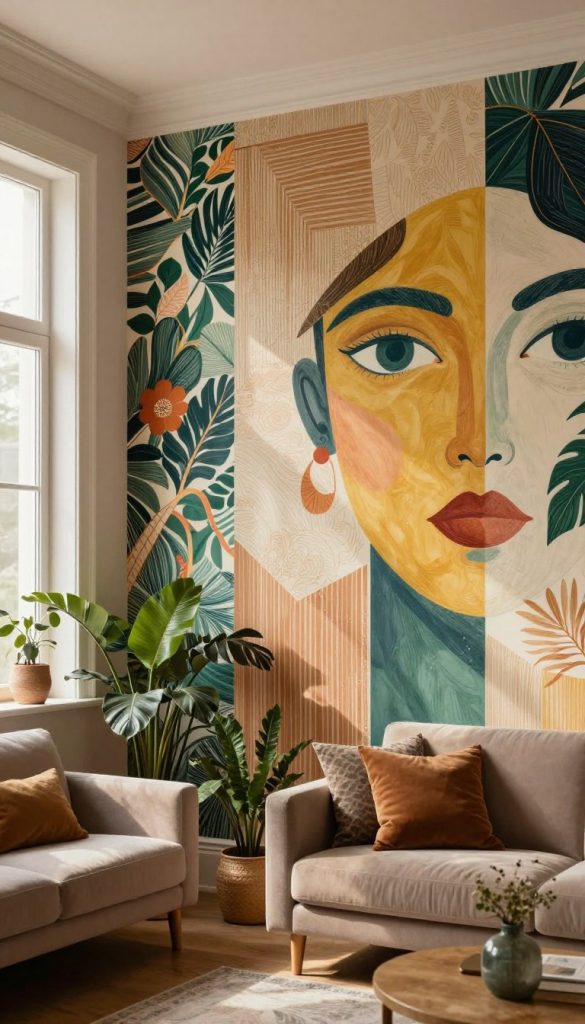 A beautifully designed interior showcasing a wall that is a stunning work of art, featuring a mix of bold wallpaper, textured panels, and an eye-catching mural. In the foreground, a cozy, inviting space with a stylish sofa and decorative plants. The middle ground highlights the intricacies of the wall design, with warm, natural colors that evoke a sense of creativity and inspiration. The background reveals soft, diffused lighting pouring in from a large window, casting gentle shadows that enhance the textures. The overall atmosphere is vibrant yet harmonious, embodying a Pinterest-like aesthetic that feels both authentic and inspiring. Include the brand "KlickKiste" subtly integrated into the wall art.