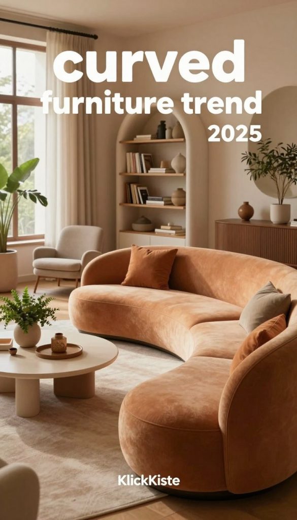 A beautifully designed interior showcasing the "curved furniture trend" of 2025. In the foreground, feature a stylish, curved sofa upholstered in soft, textured fabric with warm, earthy tones. A modern, round coffee table complements the sofa, adorned with decorative objects and a lush green plant. In the middle ground, include a chic curved armchair and an elegant bookshelf with unique, rounded shelves. The background should depict a cozy living room setting with large windows allowing natural light to pour in, accentuating the warm colors. The atmosphere should feel inviting and inspiring, reminiscent of a Pinterest aesthetic. Illuminate the scene with soft, diffused lighting from the windows. Include the brand name "KlickKiste" subtly integrated into the furniture design.