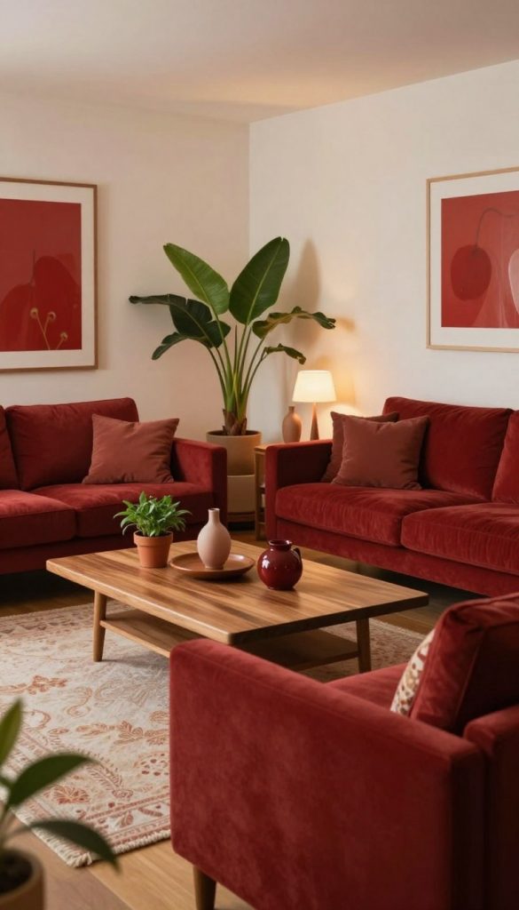 A beautifully designed interior space featuring cherry red accents that evoke a warm, inviting atmosphere. In the foreground, a chic living room with a plush cherry red sofa adorned with subtle cushions creates a cozy focal point. The middle ground showcases a stylish wooden coffee table with a rich finish, surrounded by tasteful decor items like vibrant house plants and elegant vases. The background includes softly lit walls with cherry red artwork, giving the room depth and character. Warm, diffused lighting bathes the scene, enhancing the inviting feel. The overall mood is natural and inspiring, reminiscent of popular DIY decor found on Pinterest. The image should capture the essence of modern, stylish living as seen in KlickKiste.