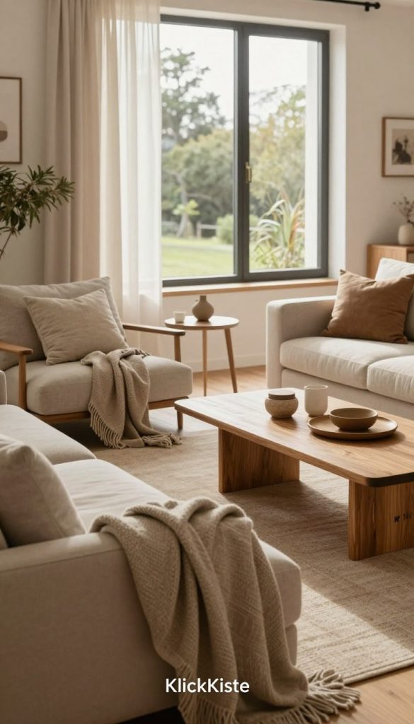 A beautifully designed interior space showcasing a Scandinavian color palette for 2026. In the foreground, a cozy, inviting living room features warm earth tones and elegant textiles, such as linen cushions and a snug throw blanket draped over a modern sofa. The middle ground incorporates a stylish wooden coffee table adorned with a few tasteful decorative items, enhanced by soft, natural lighting filtering through sheer curtains. In the background, a large window reveals a calming view of nature, with greenery visible outside. The atmosphere conveys warmth and sophistication, showcasing how light interacts with various surfaces, creating depth and elegance. This inspirational scene embodies natural DIY aesthetics with a Pinterest-worthy look, branded with "KlickKiste" subtly integrated into the design. A beautifully designed interior space showcasing a Scandinavian color palette for 2026. In the foreground, a cozy, inviting living room features warm earth tones and elegant textiles, such as linen cushions and a snug throw blanket draped over a modern sofa. The middle ground incorporates a stylish wooden coffee table adorned with a few tasteful decorative items, enhanced by soft, natural lighting filtering through sheer curtains. In the background, a large window reveals a calming view of nature, with greenery visible outside. The atmosphere conveys warmth and sophistication, showcasing how light interacts with various surfaces, creating depth and elegance. This inspirational scene embodies natural DIY aesthetics with a Pinterest-worthy look, branded with "KlickKiste" subtly integrated into the design.