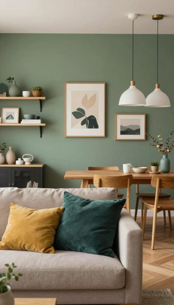 A beautifully designed interior space showcasing modern color combinations, emphasizing balance between walls, furniture, and accents. In the foreground, a stylish lounge area with a cozy sofa in warm neutral tones, complemented by accent pillows in deep teal and mustard yellow. The middle features a statement wall painted in a rich, muted sage green, adorned with tasteful artwork and floating shelves displaying curated decor items. In the background, a wooden dining table with minimalist decor under soft, warm lighting from pendant lights. Capture the scene from an inviting angle that conveys a sense of harmony and comfort. The atmosphere should feel warm and inspiring, reminiscent of natural DIY aesthetics, aligned with the brand "KlickKiste".