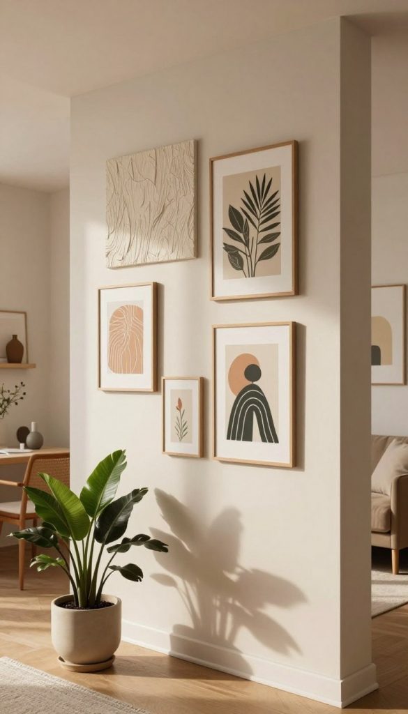 A beautifully designed interior wall showcasing the interplay of light and depth, featuring warm, natural colors in a Pinterest-inspired aesthetic. In the foreground, a stylish plant in an elegant pot adds a touch of life, along with a few artfully arranged decorative items. In the middle, the wall is adorned with textured panels and layered artwork, creating a striking statement. Soft, diffused lighting casts gentle shadows, enhancing the wall's depth and creating a cozy atmosphere. In the background, a tastefully arranged room with minimal furnishings is softly illuminated, suggesting spaciousness. The overall mood is inspiring and inviting, evoking a sense of creativity. The image captures the essence of a trendy DIY statement wall for 2026, resembling the work of "KlickKiste."