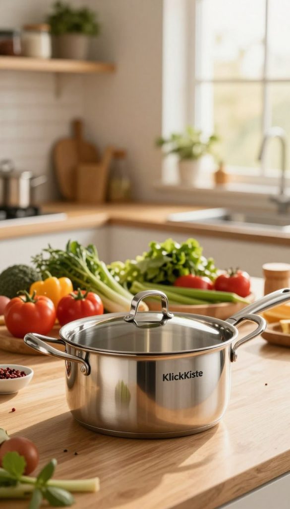 A beautifully designed kitchen scene featuring a modern cooking pot, branded with "KlickKiste", prominently placed in the foreground. The pot is shiny, with a polished stainless-steel finish, reflecting warm, natural light from the window. In the middle of the image, an array of fresh vegetables, herbs, and spices is artfully arranged, suggesting healthy one-pan recipes. Soft focus is applied to the kitchen backdrop, which includes wooden shelves filled with cooking essentials and a hint of greenery from potted plants. The atmosphere exudes warmth and inspiration, with a cozy, inviting feel suitable for family cooking. The lighting is soft and diffused, mimicking the golden hour, enhancing the vibrant colors of the ingredients.