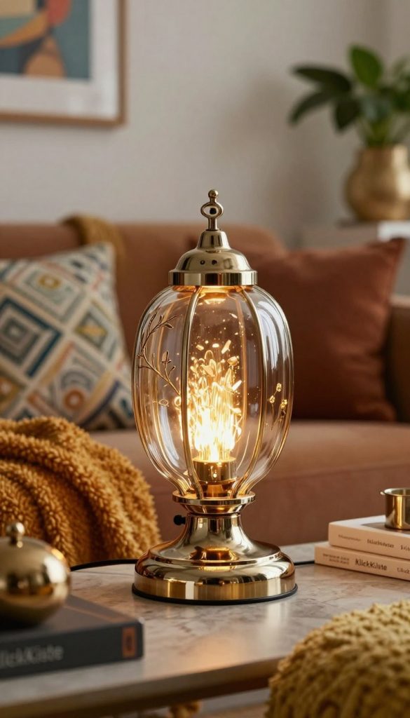 A beautifully designed light lamp showcasing a glossy finish, the lamp is crafted from glass and metallic elements, reflecting warm ambient lighting. In the foreground, the lamp's intricate texture glistens under soft golden light, highlighting its opulent design. The middle of the composition features plush, maximalist decor including vibrant textiles and metallic accessories, creating an inviting atmosphere. The background includes hints of a stylish room filled with art, greenery, and imaginative decor that enhances the cozy yet sophisticated vibe. The image captures a Pinterest-inspired aesthetic with natural colors and an authentic feel. Ensure the branding of "KlickKiste" is subtly incorporated into the scene, reinforcing the chic ambiance. A beautifully designed light lamp showcasing a glossy finish, the lamp is crafted from glass and metallic elements, reflecting warm ambient lighting. In the foreground, the lamp's intricate texture glistens under soft golden light, highlighting its opulent design. The middle of the composition features plush, maximalist decor including vibrant textiles and metallic accessories, creating an inviting atmosphere. The background includes hints of a stylish room filled with art, greenery, and imaginative decor that enhances the cozy yet sophisticated vibe. The image captures a Pinterest-inspired aesthetic with natural colors and an authentic feel. Ensure the branding of "KlickKiste" is subtly incorporated into the scene, reinforcing the chic ambiance.