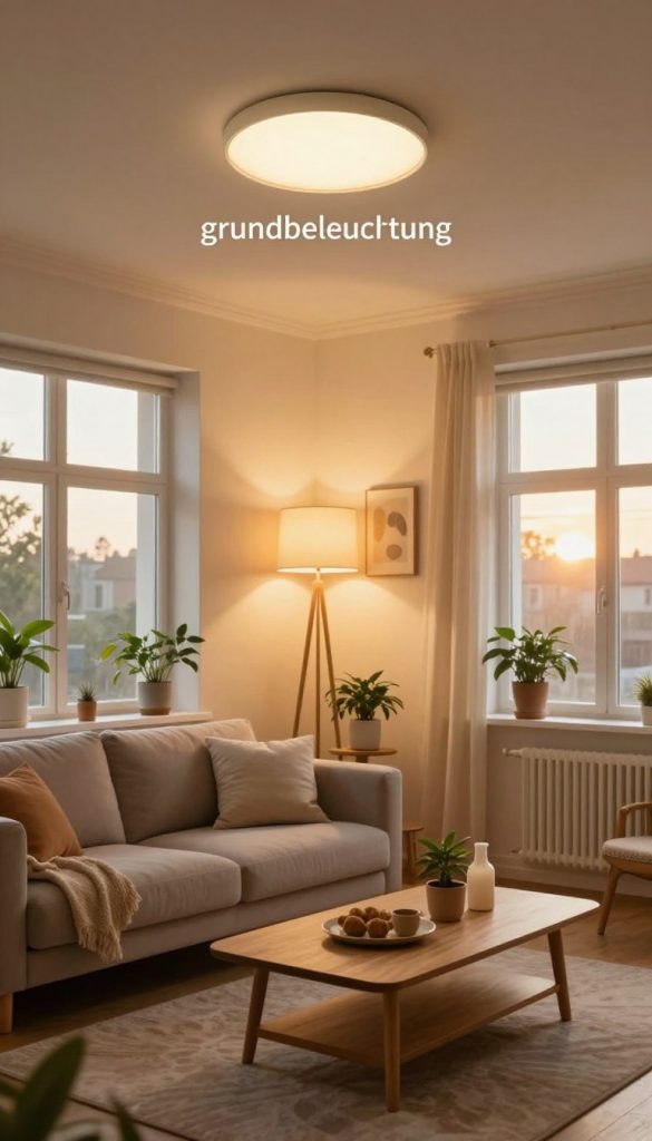 A beautifully designed living room featuring ideal "grundbeleuchtung" as a stable foundation for any lighting concept. In the foreground, soft, warm ceiling lights create a cozy atmosphere, casting gentle illumination on a stylish sofa and a wooden coffee table adorned with tasteful decor. The middle ground showcases a DIY wall-mounted lamp with warm hues, enhancing the natural feel of the space. In the background, large windows invite soft, diffused sunlight, complementing the room's ambient glow. The setting is meticulously arranged with plants and artistic elements, embodying a Pinterest-worthy aesthetic. The mood is inviting and inspiring, with a touch of authenticity, representing a perfect home by "KlickKiste".