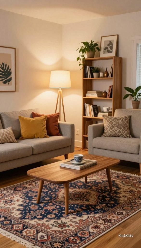 A beautifully designed living room showcasing a harmonious blend of furniture, textiles, and lighting for a DIY makeover. In the foreground, a cozy, inviting sofa adorned with colorful cushions sits next to a stylish wooden coffee table. Lush, patterned rugs cover the warm wooden floors, creating a welcoming atmosphere. In the middle, soft lighting emanates from elegant floor and table lamps, casting a gentle glow throughout the space. The background features a decorative bookshelf filled with artful objects and plants, enhancing the cozy yet modern vibe. Warm colors dominate the palette, reflecting a Pinterest-inspired aesthetic. The scene embodies an authentic and inspirational DIY spirit. Include a subtle logo for "KlickKiste" in the corner, blending seamlessly with the image.