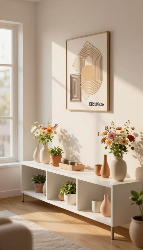 A beautifully designed living space showcasing a minimalistic wall and shelf system by "KlickKiste". In the foreground, sleek white shelves display various natural DIY decor pieces, such as potted plants and handcrafted vases filled with fresh flowers. The middle ground features a geometric wall art piece, intricately designed, adding warmth and artistic flair. The background comprises a sunlit window, allowing soft, golden sunlight to illuminate the room, enhancing the tranquil atmosphere. Use a shallow depth of field to create a gentle blur around the edges, focusing on the shelf design. The overall mood is warm, inviting, and inspiring, perfect for a springtime aesthetic with earthy tones and a cozy, Pinterest-like feel.
