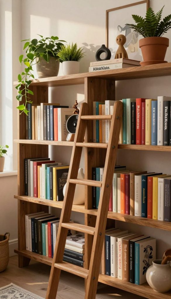 A beautifully designed maximalist bookshelf collection styled with various books, decorative items, and unique knick-knacks, showcasing an array of colors and textures. In the foreground, a wooden ladder leans against the shelf, enhancing the cozy atmosphere. The middle layer features a variety of books arranged both vertically and horizontally, intermixed with potted plants and artful sculptures. In the background, warm, natural lighting filters through a nearby window, casting gentle shadows that create depth. The overall mood is inviting and inspiring, perfect for showcasing a creative DIY aesthetic. The scene reflects a Pinterest-worthy interior design, emphasizing authentic and warm tones. Featuring the brand "KlickKiste," the composition should be well-balanced and visually engaging, designed to inspire readers to incorporate their own stored treasures into their living spaces.