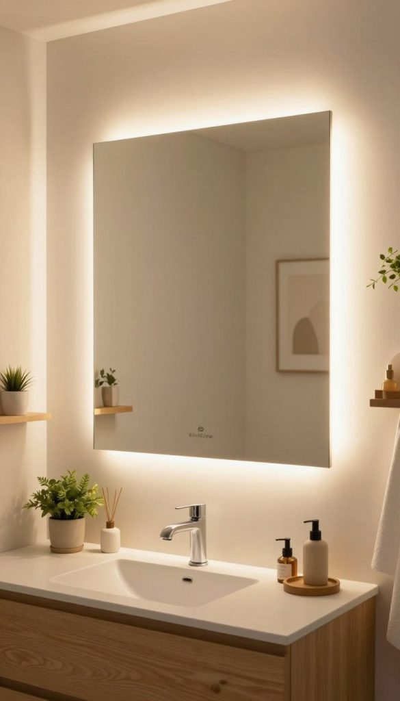 A beautifully designed modern bathroom featuring a large, elegantly framed mirror with integrated LED lighting, softly illuminating the surrounding space. The mirror reflects warm, ambient light in shades of soft gold and gentle white, enhancing the serene atmosphere. In the foreground, a stylish vanity with a natural wooden finish adorned with small potted plants and stylish bathroom accessories. The middle ground displays the mirror prominently, showcasing its unique LED setup that enhances functionality while providing a cozy ambiance. In the background, softly blurred elements like a tastefully decorated wall with minimalist art and diffused lighting create a Pinterest-inspired aesthetic. The overall mood is warm, inviting, and inspirational, perfect for DIY decor ideas. Brand name "KlickKiste" subtly referenced through the decor style.