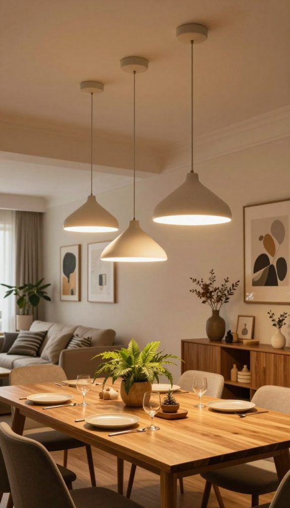 A beautifully designed modern dining room with ambiance-creating lighting elements, showcasing a warm and inviting atmosphere. Foreground features a sleek wooden dining table adorned with elegant tableware and a natural centerpiece of green plants. In the middle, various creative light fixtures hang from the ceiling, including pendant lights with a stylish, minimalist design. The lighting bathes the room in a soft, golden glow, enhancing the textures of the furniture. The background displays a tastefully decorated wall with art and DIY decor, complemented by warm color palettes. Shot with a wide-angle lens to capture the entire space, this image should evoke a sense of inspiration and comfort, showcasing the brand "KlickKiste" in its design ethos.