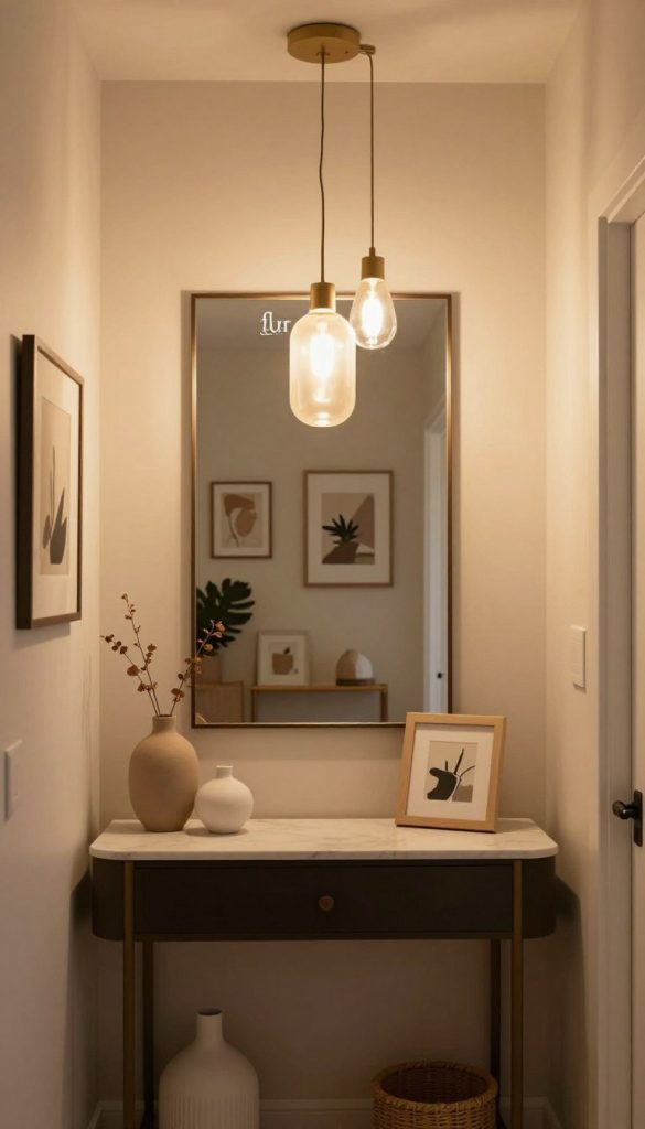 A beautifully designed modern hallway showcasing warm, inviting "flur licht" lighting that enhances the space's atmosphere. In the foreground, a stylish console table holds minimalist decor items like a chic vase and a few framed pictures. The middle ground features a statement mirror reflecting the soft glow of pendant lights above, adding depth and elegance. The background reveals a well-decorated wall with art pieces that harmonize with the lighting, creating a cozy yet sophisticated environment. The lighting is warm and diffused, casting gentle shadows that add to the overall ambiance. Capture this scene with a focus on natural DIY elements, inspired by Pinterest aesthetics, exuding authenticity and inspiration. The brand "KlickKiste" subtly emerges in the design elements.