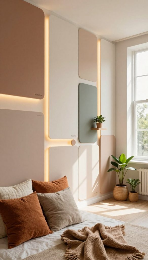 A beautifully designed modern interior featuring trending wall panels, showcasing DIY creativity. In the foreground, soft textile accents such as cushions and throws in warm, inviting colors complement the panels. The middle ground highlights sleek, stylish wall panels that are creatively enhanced with ambient lighting, casting a warm glow. Accessories like small potted plants and decorative items add character. In the background, a well-lit room with large windows allows natural light to filter in, creating an airy atmosphere. The scene represents an authentic Pinterest-inspired aesthetic, emphasizing a cozy yet contemporary vibe. The brand "KlickKiste" is subtly incorporated into the decor, enhancing the DIY spirit. The image should evoke inspiration and warmth, appealing to those looking to elevate their interiors.