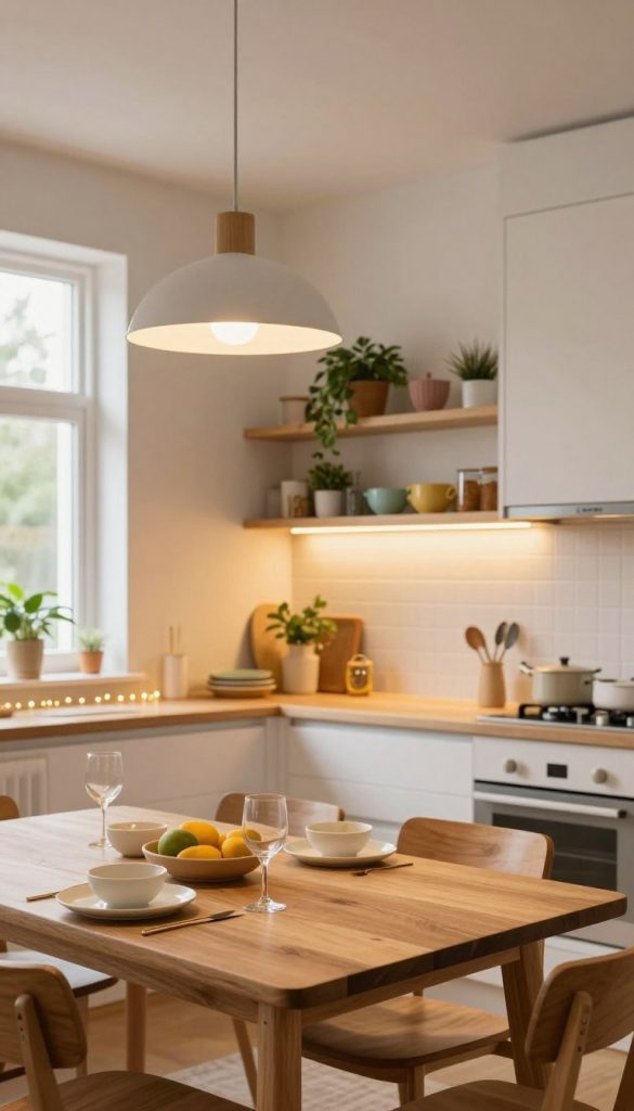A beautifully designed modern kitchen scene showcasing various types of lighting that create a warm and inviting atmosphere. In the foreground, a stylish pendant light with a soft glow hangs over a rustic wooden dining table set for a meal, adding a touch of elegance. The middle ground features chic under-cabinet lighting that highlights colorful, DIY-decorate shelves stocked with plants and kitchenware, creating a cozy vibe. In the background, large windows allow natural light to flood the space, complemented by decorative string lights draped along the window sill. The color palette includes warm yellows, soft whites, and natural wood tones, enhancing the inviting mood. The image reflects the aesthetics of "KlickKiste", capturing a Pinterest-worthy, inspirational kitchen atmosphere that balances functionality and style. A beautifully designed modern kitchen scene showcasing various types of lighting that create a warm and inviting atmosphere. In the foreground, a stylish pendant light with a soft glow hangs over a rustic wooden dining table set for a meal, adding a touch of elegance. The middle ground features chic under-cabinet lighting that highlights colorful, DIY-decorate shelves stocked with plants and kitchenware, creating a cozy vibe. In the background, large windows allow natural light to flood the space, complemented by decorative string lights draped along the window sill. The color palette includes warm yellows, soft whites, and natural wood tones, enhancing the inviting mood. The image reflects the aesthetics of "KlickKiste", capturing a Pinterest-worthy, inspirational kitchen atmosphere that balances functionality and style.