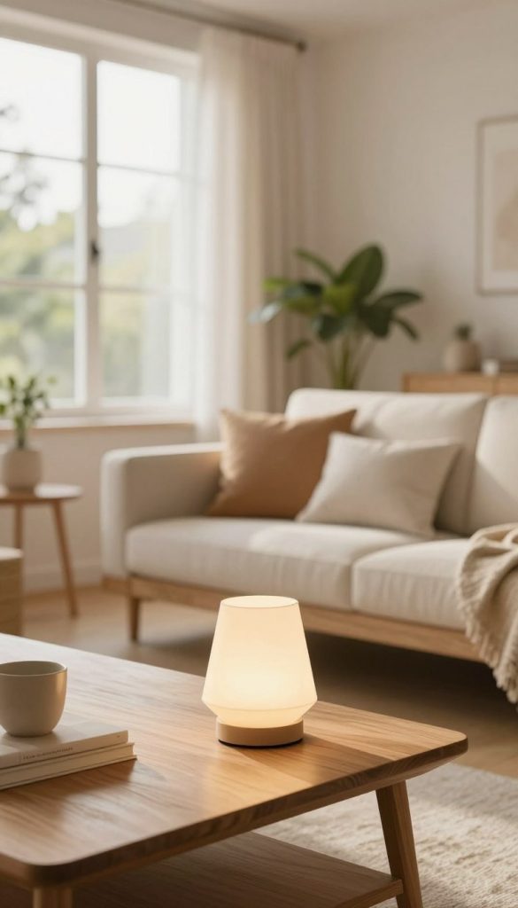 A beautifully designed modern living space bathed in warm, inviting light, showcasing effective lighting design. In the foreground, a sleek wooden coffee table holds a stylish geometric lamp casting soft shadows. The middle ground features a cozy, minimalistic sofa adorned with plush cushions in soft hues. A large window in the background allows natural light to stream in, enhancing the room's brightness. The walls are painted in light pastel shades, complementing the warm wood tones of the furniture. Decorative indoor plants add a touch of nature. The atmosphere feels uplifting and serene, embodying the essence of creating a bright and inviting home environment. Capture this scene in a soft focus with a warm color palette, inspired by the aesthetics of "KlickKiste." A beautifully designed modern living space bathed in warm, inviting light, showcasing effective lighting design. In the foreground, a sleek wooden coffee table holds a stylish geometric lamp casting soft shadows. The middle ground features a cozy, minimalistic sofa adorned with plush cushions in soft hues. A large window in the background allows natural light to stream in, enhancing the room's brightness. The walls are painted in light pastel shades, complementing the warm wood tones of the furniture. Decorative indoor plants add a touch of nature. The atmosphere feels uplifting and serene, embodying the essence of creating a bright and inviting home environment. Capture this scene in a soft focus with a warm color palette, inspired by the aesthetics of "KlickKiste."