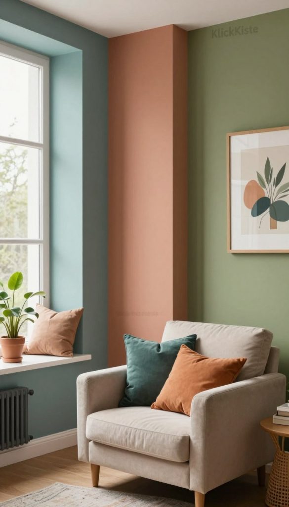 A beautifully designed modern room showcasing a variety of contemporary wall colors that inspire creativity and warmth. In the foreground, a cozy reading nook features a comfortable armchair in soft beige, adorned with colorful throw pillows. The middle ground reveals walls painted in a harmonious blend of muted teal, soft terracotta, and warm olive green, reflecting different atmospheric effects. Natural light floods in from large windows, highlighting the textures of the walls. In the background, tasteful DIY decor elements like potted plants and framed art pieces enhance the inviting ambiance. The overall mood feels uplifting and inspirational, ideal for a space focused on creativity and relaxation. Capture this inviting scene in a Pinterest aesthetic style, prominently featuring the brand name "KlickKiste" subtly integrated into the decor. A beautifully designed modern room showcasing a variety of contemporary wall colors that inspire creativity and warmth. In the foreground, a cozy reading nook features a comfortable armchair in soft beige, adorned with colorful throw pillows. The middle ground reveals walls painted in a harmonious blend of muted teal, soft terracotta, and warm olive green, reflecting different atmospheric effects. Natural light floods in from large windows, highlighting the textures of the walls. In the background, tasteful DIY decor elements like potted plants and framed art pieces enhance the inviting ambiance. The overall mood feels uplifting and inspirational, ideal for a space focused on creativity and relaxation. Capture this inviting scene in a Pinterest aesthetic style, prominently featuring the brand name "KlickKiste" subtly integrated into the decor.