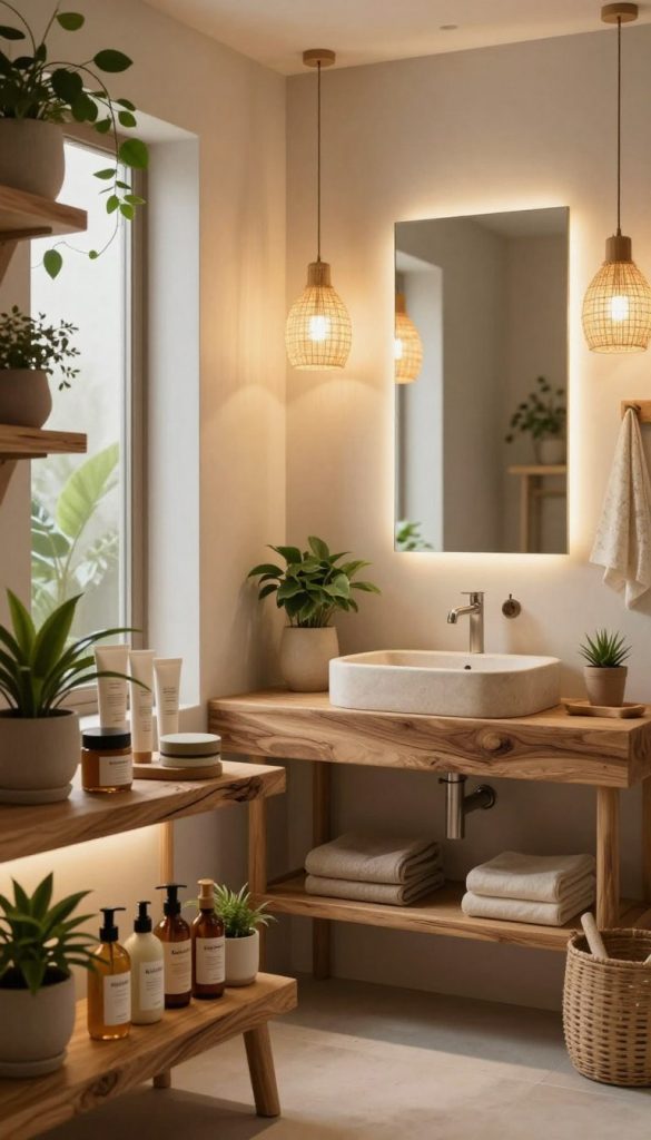 A beautifully designed natural bathroom featuring warm ambient lighting that creates a cozy and inviting atmosphere. In the foreground, stylish natural wood shelves display eco-friendly products and potted plants, emphasizing a DIY aesthetic. The middle section showcases a well-lit mirror above a simple yet elegant sink made of stone, reflecting the soft glow of hanging light fixtures crafted from natural materials like woven grass or bamboo. In the background, soft greenery peeks through a frosted window, enhancing the tranquil setting. The colors are warm and earthy, creating a serene and inspiring environment perfect for relaxation. The overall composition should capture a modern yet rustic feel, embodying the essence of nature in interior design. This image is inspired by the concept of natural decor ideas and the brand "KlickKiste". A beautifully designed natural bathroom featuring warm ambient lighting that creates a cozy and inviting atmosphere. In the foreground, stylish natural wood shelves display eco-friendly products and potted plants, emphasizing a DIY aesthetic. The middle section showcases a well-lit mirror above a simple yet elegant sink made of stone, reflecting the soft glow of hanging light fixtures crafted from natural materials like woven grass or bamboo. In the background, soft greenery peeks through a frosted window, enhancing the tranquil setting. The colors are warm and earthy, creating a serene and inspiring environment perfect for relaxation. The overall composition should capture a modern yet rustic feel, embodying the essence of nature in interior design. This image is inspired by the concept of natural decor ideas and the brand "KlickKiste".