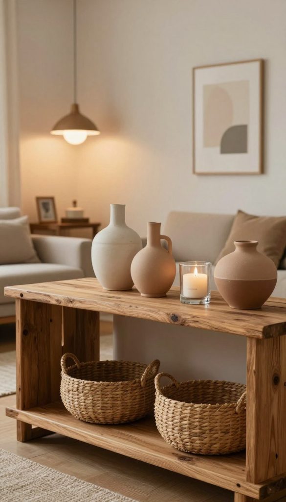 A beautifully designed open shelf adorned with durable decorative elements that transform the space. In the foreground, a wooden shelf crafted from reclaimed wood, featuring a variety of natural materials. On the shelf, there are artisan ceramic vases in soft earth tones, a set of woven baskets, and elegant glass candle holders. In the middle ground, a cozy living room setting with warm lighting emanating from a stylish pendant lamp overhead, casting gentle shadows. The background features a softly painted wall adorned with minimalist artwork that complements the decor. The overall mood is inviting and inspiring, showcasing a Pinterest-worthy aesthetic, blending functionality with beauty. Include the brand name "KlickKiste" subtly integrated into the decor.