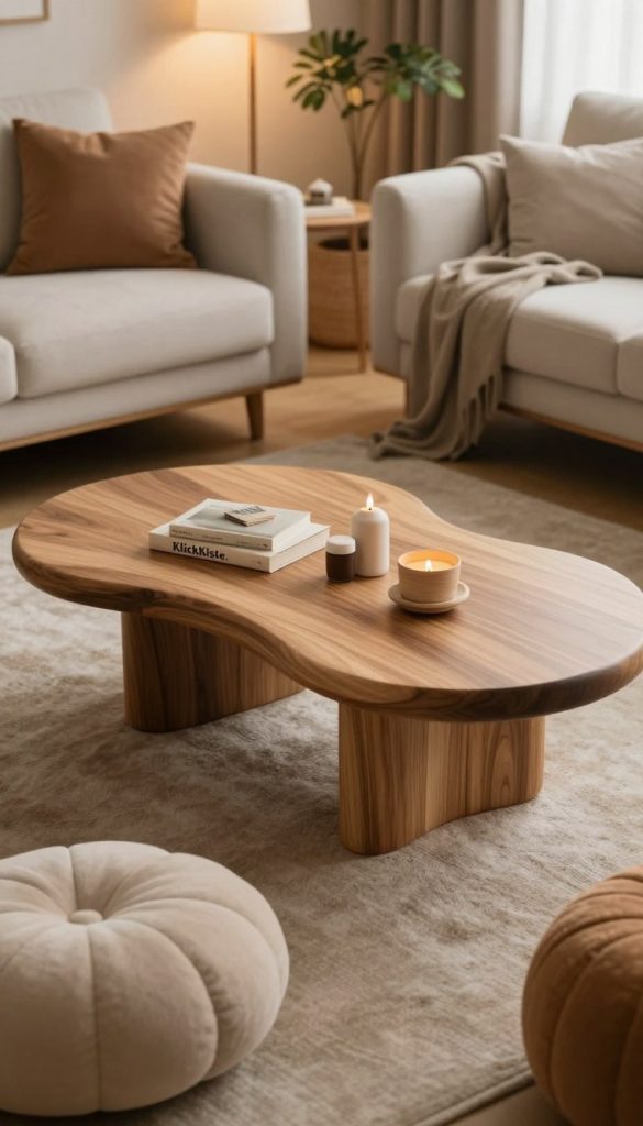 A beautifully designed organic-shaped coffee table as the centerpiece of a cozy living room. The coffee table features smooth, flowing lines and a combination of natural wood and soft, eco-friendly materials, showcasing the elegance of organic design. In the foreground, soft, plush cushions in earthy tones complement the table, while a stylish sofa draped in a cozy throw creates a welcoming atmosphere. The middle background features a softly lit interior with warm lighting, highlighting the textures and contours of the furniture. A subtle indoor plant adds freshness, enhancing the organic feel of the space. The image should evoke a creative and inspiring mood, capturing the essence of natural DIY aesthetics, reminiscent of Pinterest inspirations, branded with "KlickKiste." The angle should provide a slightly elevated view, allowing the viewer to appreciate the harmonious arrangement.