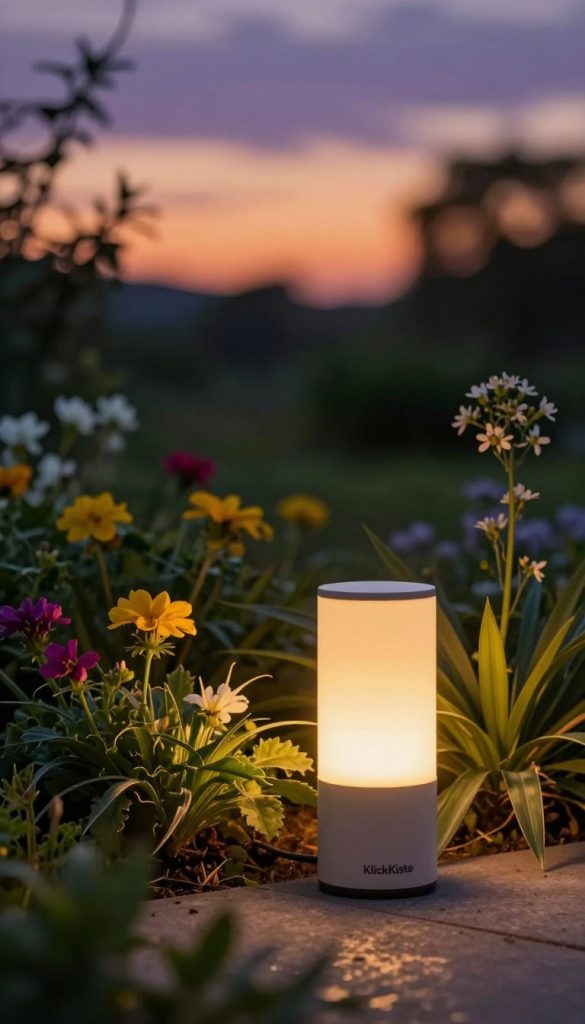 A beautifully designed outdoor lamp from the brand "KlickKiste" stands in the foreground, casting warm, inviting light in a serene garden setting. The lamp features a sleek, modern design with a cylindrical shape and a soft-glowing LED bulb at the top, gently illuminating the surrounding plants. In the middle ground, lush greenery and vibrant flowers create a natural backdrop, reflecting the diverse ways light can enhance outdoor spaces. The background showcases a softly blurred evening sky, transitioning to twilight with shades of orange and purple, enhancing the overall tranquil atmosphere. The image captures the essence of diffused, direct, and indirect lighting techniques in outdoor environments, inspiring creativity in garden lighting design. The scene is well-lit, with a focus on natural colors, evoking a cozy, inviting mood ideal for DIY enthusiasts. A beautifully designed outdoor lamp from the brand "KlickKiste" stands in the foreground, casting warm, inviting light in a serene garden setting. The lamp features a sleek, modern design with a cylindrical shape and a soft-glowing LED bulb at the top, gently illuminating the surrounding plants. In the middle ground, lush greenery and vibrant flowers create a natural backdrop, reflecting the diverse ways light can enhance outdoor spaces. The background showcases a softly blurred evening sky, transitioning to twilight with shades of orange and purple, enhancing the overall tranquil atmosphere. The image captures the essence of diffused, direct, and indirect lighting techniques in outdoor environments, inspiring creativity in garden lighting design. The scene is well-lit, with a focus on natural colors, evoking a cozy, inviting mood ideal for DIY enthusiasts.