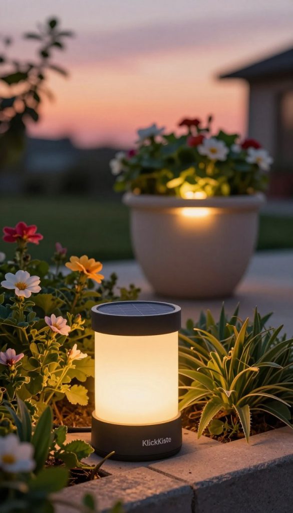 A beautifully designed outdoor scene featuring a solar lamp from the brand "KlickKiste". The foreground shows an elegant solar candle holder glowing softly, surrounded by lush greenery and vibrant flowers. In the middle, a chic flower pot with a built-in solar light shines bright, casting warm, inviting tones. The background reveals a serene evening sky, tinted with shades of pink and orange, enhancing the romantic ambiance. The lighting is warm and inviting, creating a cozy atmosphere perfect for outdoor gatherings. The image is captured from a slight angle, allowing for depth and detail in the textures of the lamp and surrounding plants. The overall mood is inspiring and tranquil, reflecting a stylish DIY outdoor decor aesthetic suitable for enhancing garden charm. A beautifully designed outdoor scene featuring a solar lamp from the brand "KlickKiste". The foreground shows an elegant solar candle holder glowing softly, surrounded by lush greenery and vibrant flowers. In the middle, a chic flower pot with a built-in solar light shines bright, casting warm, inviting tones. The background reveals a serene evening sky, tinted with shades of pink and orange, enhancing the romantic ambiance. The lighting is warm and inviting, creating a cozy atmosphere perfect for outdoor gatherings. The image is captured from a slight angle, allowing for depth and detail in the textures of the lamp and surrounding plants. The overall mood is inspiring and tranquil, reflecting a stylish DIY outdoor decor aesthetic suitable for enhancing garden charm.