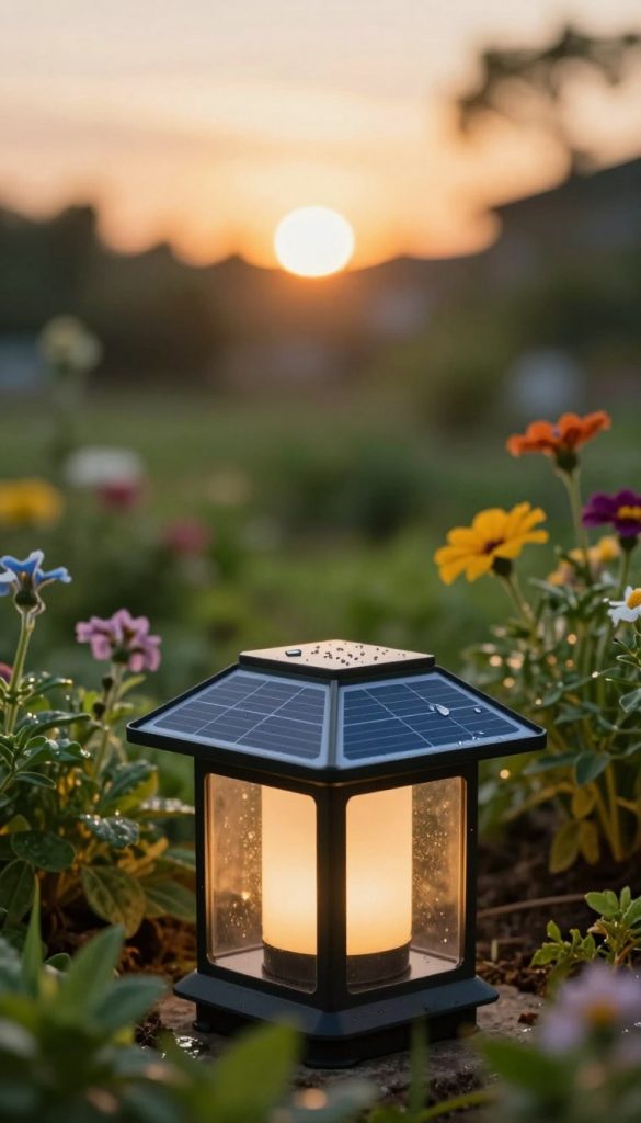 A beautifully designed outdoor scene featuring a solar panel delicately integrated into a DIY solar lantern. In the foreground, focus on the solar panel, showcasing its sleek surface with glistening droplets of moisture to emphasize protection against the elements. The middle ground should include lush greenery, perhaps a small garden with vibrant flowers, enhancing the natural setting. In the background, a soft-focus sunset casts warm golden hues across the scene, creating an inviting and magical atmosphere. The lighting should be warm and ambient, evoking a sense of tranquility. Incorporate the brand name "KlickKiste" discreetly to maintain an authentic and inspirational Pinterest aesthetic. Aim for a harmonious balance of nature and technology in an SFW context.