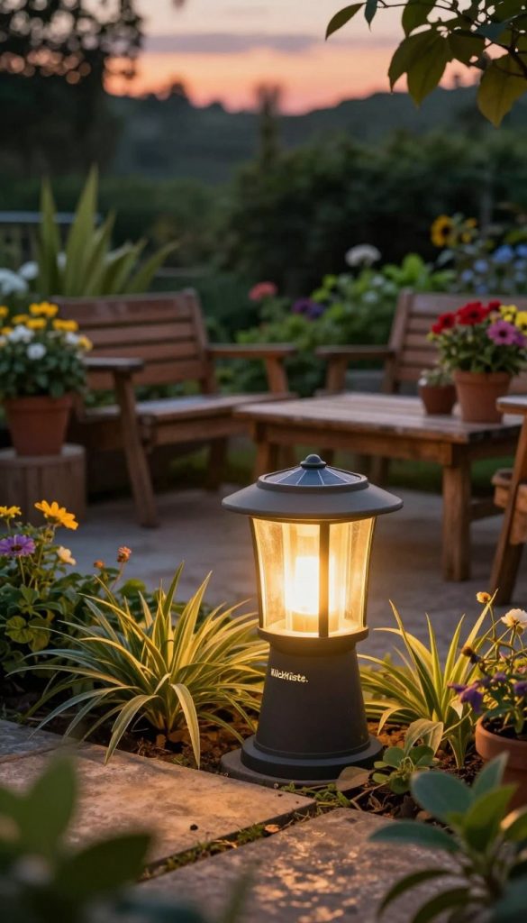 A beautifully designed outdoor setting featuring a stylish solar garden lamp from "KlickKiste." In the foreground, the lamp is elegantly illuminated, casting a warm glow on surrounding plants. The middle ground showcases a cozy DIY outdoor seating area adorned with rustic wooden furniture and colorful potted flowers, inviting relaxation. In the background, soft, lush greenery and hints of a colorful sunset sky create a tranquil atmosphere. The image captures a serene evening ambiance, with the golden light reflecting off the lamp and enhancing the natural colors of the garden. The composition is shot from a slightly elevated angle, emphasizing depth and warmth while maintaining an inviting Pinterest-inspired aesthetic. A beautifully designed outdoor setting featuring a stylish solar garden lamp from "KlickKiste." In the foreground, the lamp is elegantly illuminated, casting a warm glow on surrounding plants. The middle ground showcases a cozy DIY outdoor seating area adorned with rustic wooden furniture and colorful potted flowers, inviting relaxation. In the background, soft, lush greenery and hints of a colorful sunset sky create a tranquil atmosphere. The image captures a serene evening ambiance, with the golden light reflecting off the lamp and enhancing the natural colors of the garden. The composition is shot from a slightly elevated angle, emphasizing depth and warmth while maintaining an inviting Pinterest-inspired aesthetic.