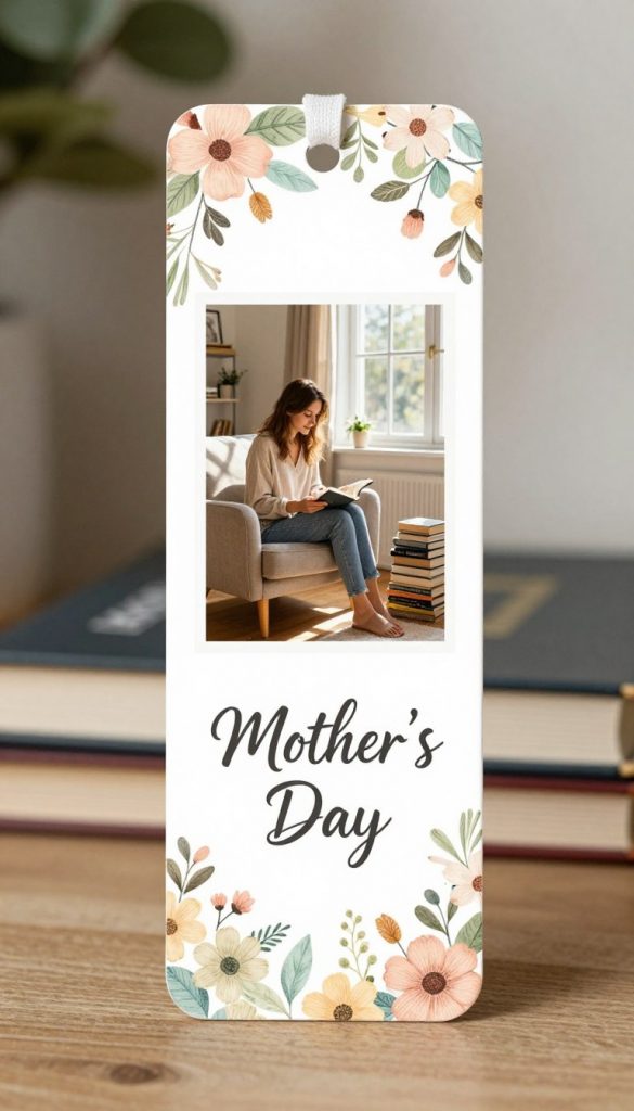 A beautifully designed personalized bookmark for Mother's Day, featuring a space for a cherished photo and elegant typography. The foreground showcases the bookmark, adorned with floral patterns in soft pastel colors, and a gentle texture to give it a handcrafted feel. In the middle, a cozy home setting, with warm, natural lighting streaming in through a nearby window, casting soft shadows. A comfortable chair and a stack of books hint at a serene reading nook. The background has a hint of greenery, suggesting a calm, inviting atmosphere. The mood is warm and uplifting, capturing the essence of a thoughtful DIY gift. Include the brand name "KlickKiste" subtly integrated into the design of the bookmark.