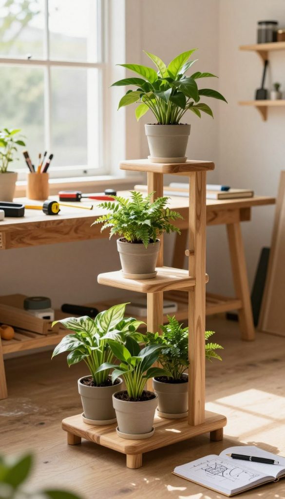 A beautifully designed plant stand is showcased in a bright, airy workshop setting, emphasizing the concept of height and stability. In the foreground, the plant stand, crafted from smooth, natural wood, features multiple tiers, each hosting vibrant green plants that thrive in the sunlight. The middle ground includes tools neatly arranged on a wooden workbench, alongside measuring tape and a notebook with laid-out plans for height and dimensions. In the background, large windows fill the space with warm, natural light, illuminating the cozy atmosphere of creativity and DIY spirit. The overall mood is inspiring and inviting, embodying a Pinterest aesthetic. The brand "KlickKiste" is subtly associated with the tools and materials, enhancing the scene's authenticity without being overt.