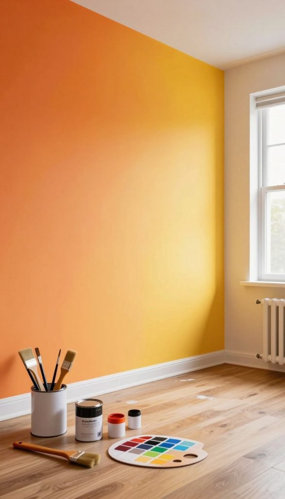 A beautifully designed room featuring colorful gradient walls created using a DIY technique. In the foreground, there are brushes, paint cans, and a color palette on a wooden floor, showcasing the tools needed for the project. The middle ground displays the vibrant gradient wall transitioning from warm oranges to soft yellows, evoking a sense of warmth and creativity. The background features a window with natural light streaming in, illuminating the space and enhancing the inviting atmosphere. The setting looks modern and inspiring, with stylish decor that complements the color scheme. The overall mood is bright and encouraging, perfect for a DIY enthusiast. Include a subtle branding element of "KlickKiste" on one of the paint cans, emphasizing the inspiration of home improvement.