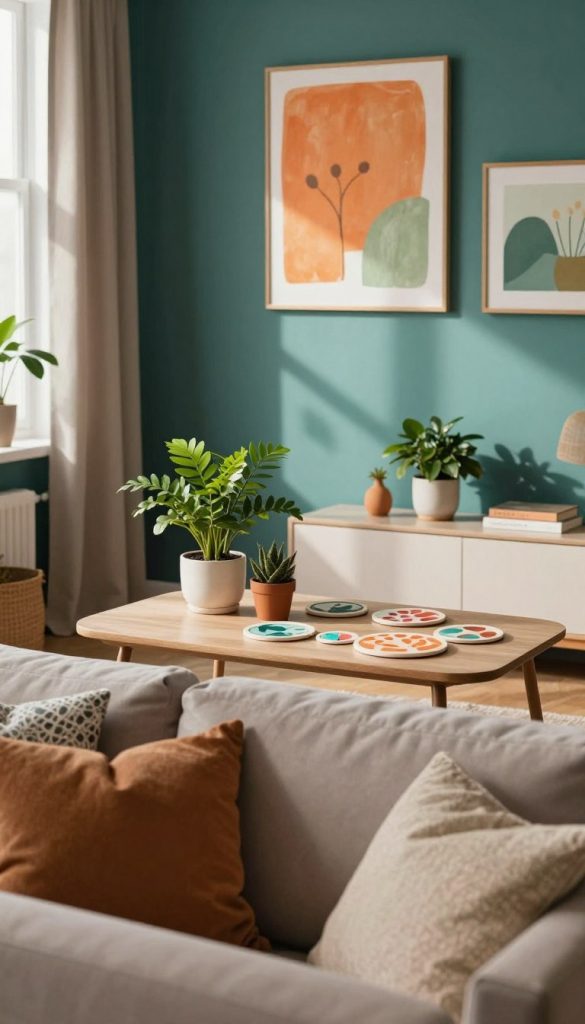 A beautifully designed room showcasing a harmonious blend of trending colors for interior design, specifically featuring a cozy living space with warm tones. In the foreground, an inviting couch adorned with soft pillows in muted earth tones. The middle layer reveals a stylish coffee table displaying DIY decor projects such as potted plants and artistic coasters, inspired by Pinterest aesthetics. The background features a wall painted in a rich teal, complemented by art pieces in warm oranges and soft greens. Soft, natural lighting filters through a nearby window, casting gentle shadows and creating an inspiring atmosphere. The overall mood is warm, authentic, and inviting, perfect for a DIY home project showcase. The design reflects the aesthetic of the brand "KlickKiste," emphasizing creativity and comfort in interior spaces. A beautifully designed room showcasing a harmonious blend of trending colors for interior design, specifically featuring a cozy living space with warm tones. In the foreground, an inviting couch adorned with soft pillows in muted earth tones. The middle layer reveals a stylish coffee table displaying DIY decor projects such as potted plants and artistic coasters, inspired by Pinterest aesthetics. The background features a wall painted in a rich teal, complemented by art pieces in warm oranges and soft greens. Soft, natural lighting filters through a nearby window, casting gentle shadows and creating an inspiring atmosphere. The overall mood is warm, authentic, and inviting, perfect for a DIY home project showcase. The design reflects the aesthetic of the brand "KlickKiste," emphasizing creativity and comfort in interior spaces.