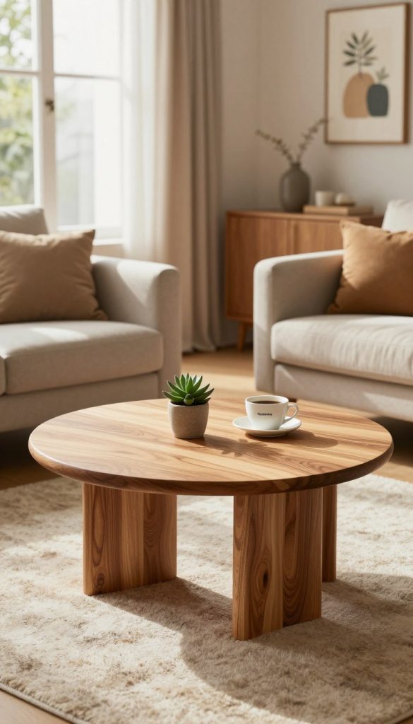 A beautifully designed round coffee table made of natural wood, showcasing intricate grain patterns and a smooth finish. The table is adorned with a small succulent plant and a stylish coffee cup, creating a cozy and inviting atmosphere. In the foreground, a comfy sofa with soft cushions in muted, earthy tones complements the table. The middle ground features a warm, softly lit living room with a large window allowing natural light to flood the space, casting gentle shadows. The background consists of tasteful wall art and a plush area rug, enhancing the overall aesthetic. The scene captures the essence of modern DIY decor, with warm colors invoking comfort and inspiration, perfect for a Pinterest-like vibe. The brand name "KlickKiste" subtly integrated into the decor, ensuring authenticity.