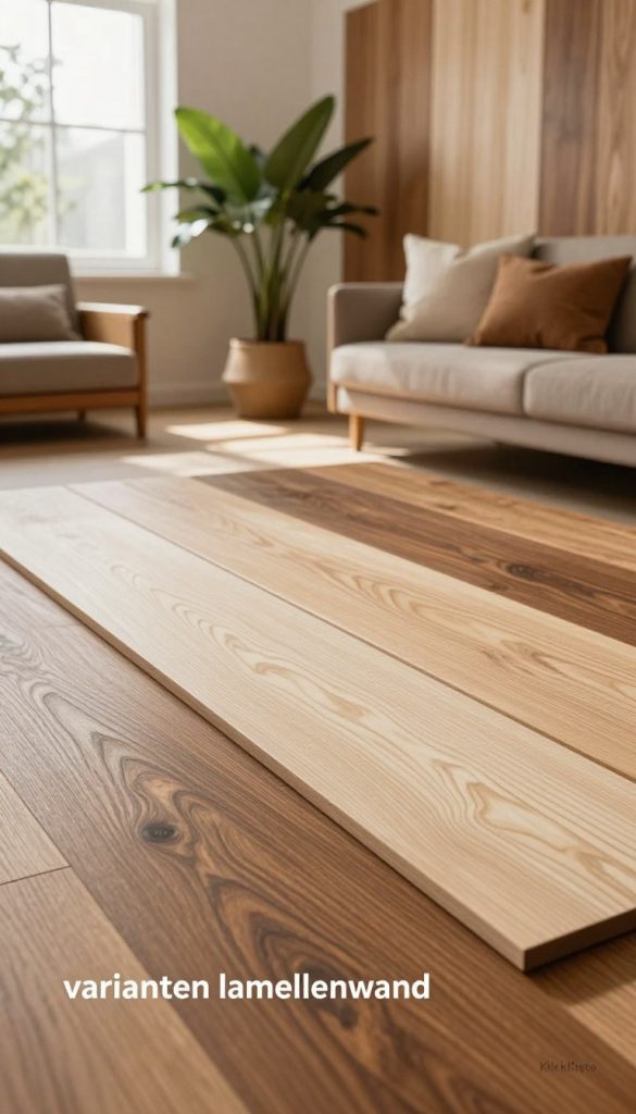 A beautifully designed "varianten lamellenwand" showcasing different styles of wooden paneling in a stylish home setting. In the foreground, focus on the textured wooden panels in varying shades of warm brown and cream, displaying intricate grain patterns. In the middle ground, incorporate elements like decorative indoor plants, soft throw pillows, and a cozy armchair, all accentuating the wooden theme. The background should feature a well-lit room with natural light filtering through large windows, casting gentle shadows. The overall atmosphere is inviting and inspiring, reminiscent of cozy Pinterest interiors. The image title includes the brand "KlickKiste" subtly featured in the scene. Use a warm color palette to evoke a natural and welcoming feel.