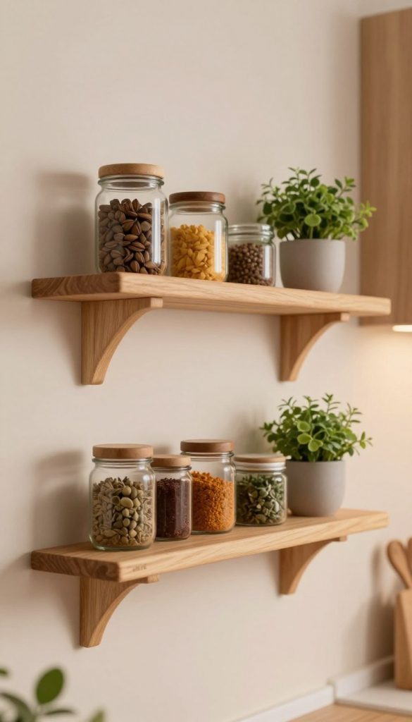 A beautifully designed wall shelf (Wandregal) showcases a harmonious blend of functionality and style. Set against a soft, neutral-colored kitchen wall, the shelf is crafted from natural wood, exuding warmth with its smooth finish. In the foreground, the shelf holds neatly arranged jars of spices and small potted herbs, providing an inviting and organized look. The middle of the image features the shelf elegantly mounted at a mid-height, presenting a 'floating' appearance due to hidden brackets. The background includes soft, ambient lighting that enhances the warm tones, creating a cozy atmosphere typical of a Pinterest-inspired kitchen. The photograph should be taken with a 50mm lens, focusing on depth of field to highlight the shelf details while gently blurring the background. The overall mood is authentic and inspiring, emphasizing DIY creativity for home styling. Include the brand name "KlickKiste" subtly integrated into the scene. A beautifully designed wall shelf (Wandregal) showcases a harmonious blend of functionality and style. Set against a soft, neutral-colored kitchen wall, the shelf is crafted from natural wood, exuding warmth with its smooth finish. In the foreground, the shelf holds neatly arranged jars of spices and small potted herbs, providing an inviting and organized look. The middle of the image features the shelf elegantly mounted at a mid-height, presenting a 'floating' appearance due to hidden brackets. The background includes soft, ambient lighting that enhances the warm tones, creating a cozy atmosphere typical of a Pinterest-inspired kitchen. The photograph should be taken with a 50mm lens, focusing on depth of field to highlight the shelf details while gently blurring the background. The overall mood is authentic and inspiring, emphasizing DIY creativity for home styling. Include the brand name "KlickKiste" subtly integrated into the scene.