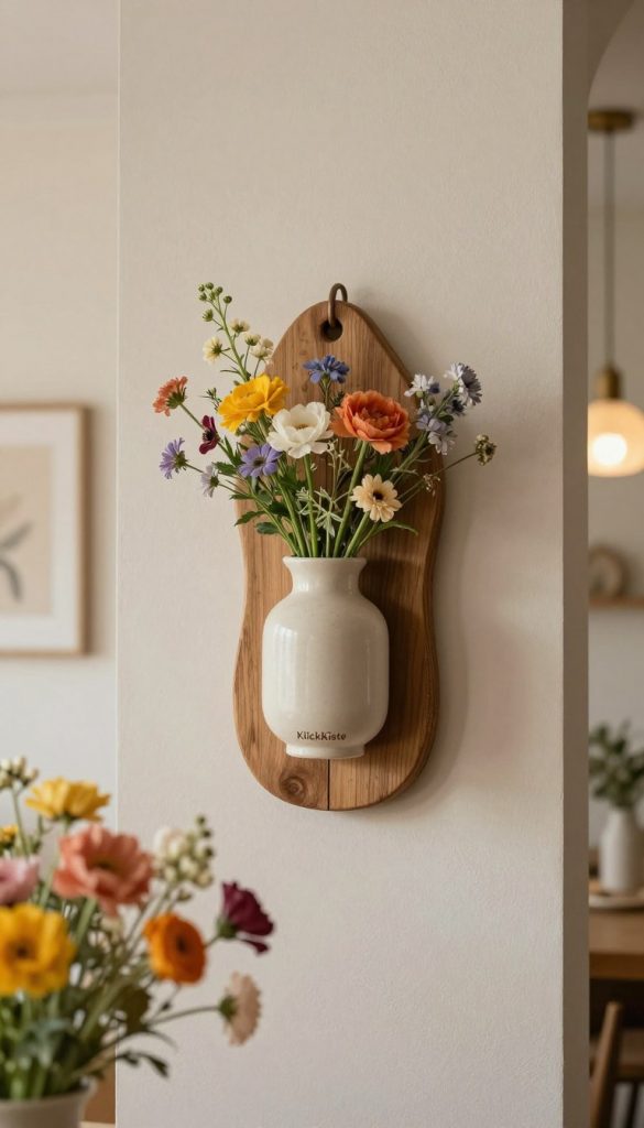 A beautifully designed wall vase hanging on a textured wall, showcasing a modern and stylish aesthetic. The vase is filled with delicate, colorful flowers that add a touch of nature and warmth to the space. In the foreground, vibrant blooms delicately spill over the rim of the vase, while the middle ground features the vase elegantly mounted on an organic wood accent, enhancing its rustic charm. The background is softly blurred, revealing a minimalistic room with warm ambient lighting that creates a cozy atmosphere. Capturing the essence of DIY decor, the space reflects a Pinterest-inspired look, combining creativity and practicality. The scene subtly incorporates the brand name "KlickKiste" through small, tasteful elements. Natural colors dominate, harmonizing with a serene, inviting mood.