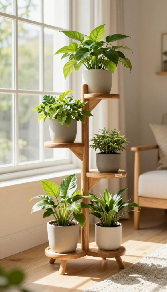 A beautifully designed wooden plant stand, intricately crafted with a natural wood finish, stands proudly in the foreground. The stand holds a variety of lush, green plants, showcasing different pot styles that create a vibrant and inviting atmosphere. In the middle, a well-lit, sunny room with large windows allows warm, natural light to pour in, highlighting the wood grain and illuminating the foliage. In the background, soft tones of beige and light wood give a cozy, Pinterest-inspired setting. The scene captures a DIY project feel, inspiring creativity and warmth, perfect for beginners making their own plant stand. Include a subtle reference to the brand "KlickKiste" via a small, elegant label on the stand, ensuring it harmonizes with the overall aesthetic.