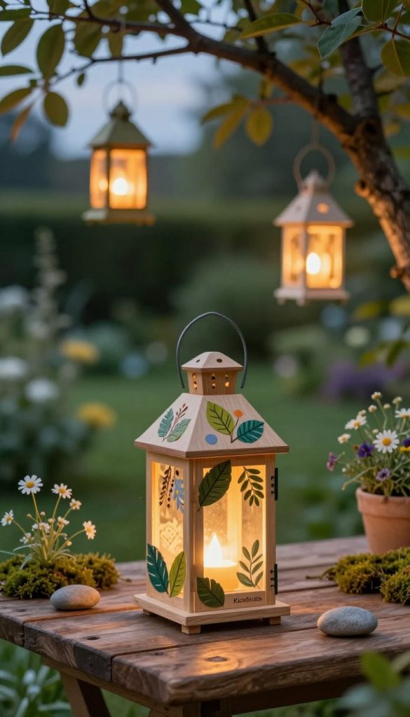 A beautifully handcrafted "farbdeko laterne" illuminated in a cozy garden setting, showcasing vibrant colors and intricate designs made from natural materials like wood, leaves, and stone. The lantern is placed on a rustic wooden table in the foreground, surrounded by delicate wildflowers and moss for a natural touch. In the middle, softly glowing lanterns are hung from tree branches, casting warm light across the scene. The background features a blurred garden with lush greenery under a twilight sky, enhancing the magical atmosphere. The lighting is soft and warm, creating an inviting mood, reminiscent of Pinterest-inspired DIY aesthetics. The brand name "KlickKiste" subtly integrated into the scene, maintaining authenticity and inspiration. The perspective is a close-up shot, capturing the intricate details of the lantern and the natural elements surrounding it.