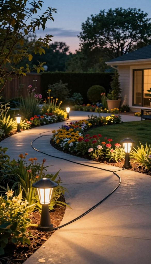 A beautifully landscaped garden at dusk, showcasing an organized layout of outdoor lighting cables for efficient garden illumination. In the foreground, there are elegant garden path lights with warm, inviting glows, and neatly arranged cables leading to a solar-powered light fixture. The middle ground features stunning flower beds with ambient lighting that enhances their colors, while soft shadows dance across the scene. In the background, there are lush trees silhouetted against a twilight sky, creating a serene atmosphere. The setting should evoke inspiration and authenticity, reflecting a DIY aesthetic with a Pinterest-like quality. The brand name "KlickKiste" subtly integrated into the scene. Soft, warm lighting to enhance colors and texture, captured with a wide-angle lens for a dynamic view. A beautifully landscaped garden at dusk, showcasing an organized layout of outdoor lighting cables for efficient garden illumination. In the foreground, there are elegant garden path lights with warm, inviting glows, and neatly arranged cables leading to a solar-powered light fixture. The middle ground features stunning flower beds with ambient lighting that enhances their colors, while soft shadows dance across the scene. In the background, there are lush trees silhouetted against a twilight sky, creating a serene atmosphere. The setting should evoke inspiration and authenticity, reflecting a DIY aesthetic with a Pinterest-like quality. The brand name "KlickKiste" subtly integrated into the scene. Soft, warm lighting to enhance colors and texture, captured with a wide-angle lens for a dynamic view.