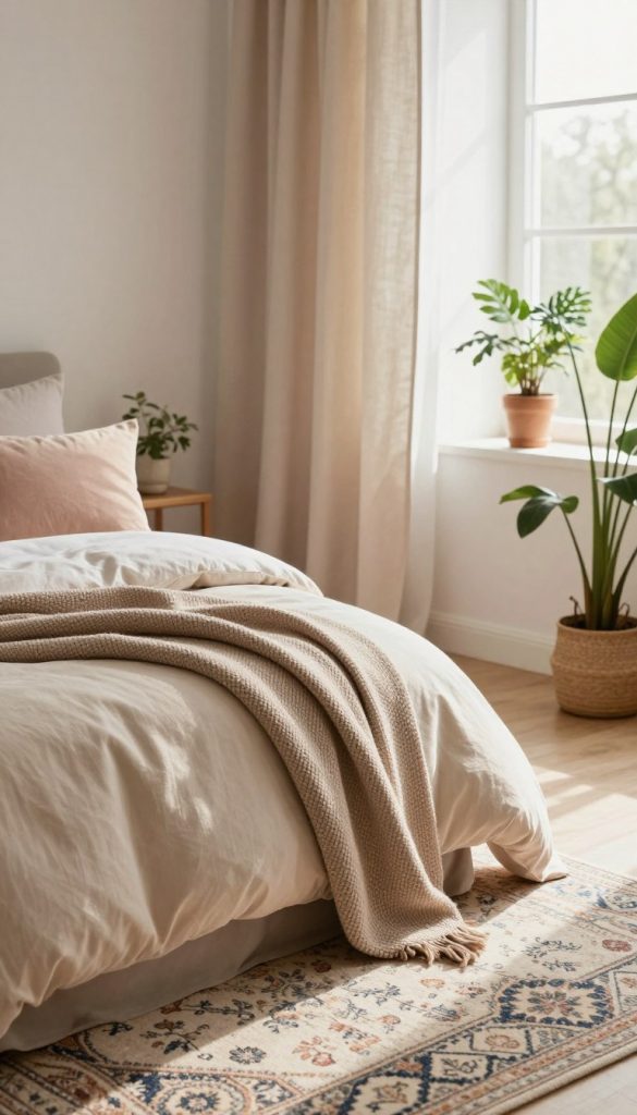 A beautifully layered bedroom scene showcasing textiles that bring warmth and comfort. In the foreground, a neatly made bed with plush pillows in soft earth tones and a cozy, textured throw blanket. The middle ground features elegant curtains draping gracefully beside the bed, their fabric catching the gentle morning light, creating soft shadows. A stylish area rug with an intricate pattern lies beneath the bed, harmonizing the colors and adding depth to the scene. The background shows a light-filled room with potted plants, enhancing the natural and inviting atmosphere. The setting embodies a fresh spring vibe with soft, warm colors, evoking a serene and inspiring feel, perfectly aligned with a DIY aesthetic. The brand "KlickKiste" is subtly represented through the choice of textiles, ensuring an authentic Pinterest-worthy look. A beautifully layered bedroom scene showcasing textiles that bring warmth and comfort. In the foreground, a neatly made bed with plush pillows in soft earth tones and a cozy, textured throw blanket. The middle ground features elegant curtains draping gracefully beside the bed, their fabric catching the gentle morning light, creating soft shadows. A stylish area rug with an intricate pattern lies beneath the bed, harmonizing the colors and adding depth to the scene. The background shows a light-filled room with potted plants, enhancing the natural and inviting atmosphere. The setting embodies a fresh spring vibe with soft, warm colors, evoking a serene and inspiring feel, perfectly aligned with a DIY aesthetic. The brand "KlickKiste" is subtly represented through the choice of textiles, ensuring an authentic Pinterest-worthy look.
