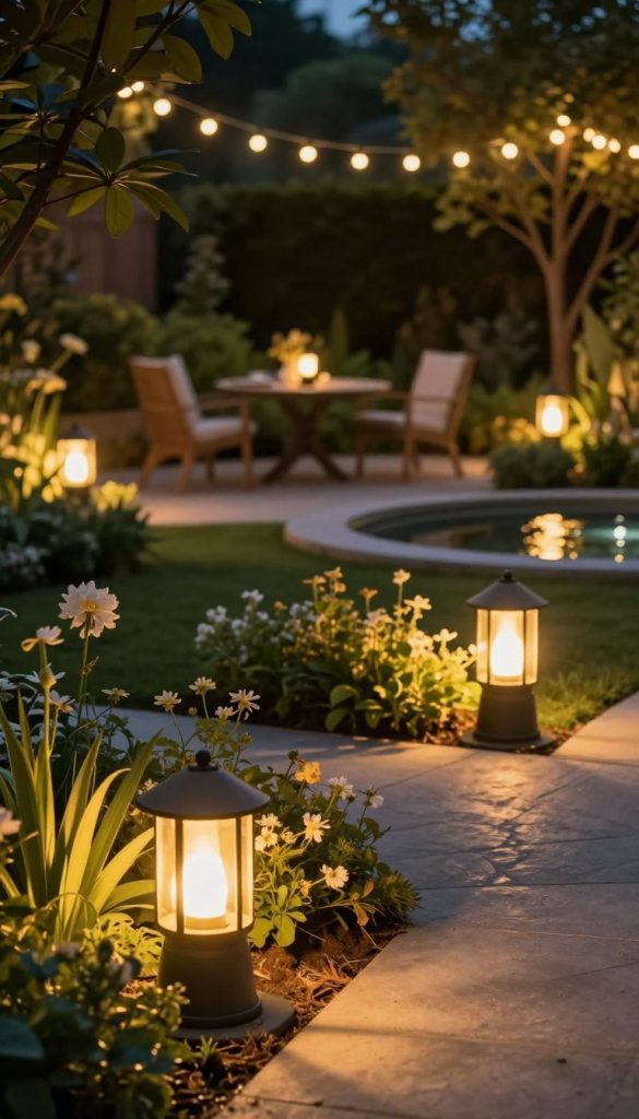 A beautifully lit garden scene showcasing various outdoor lighting options, specifically LED and halogen fixtures that emit a warm glow. In the foreground, there are elegant garden path lights, with soft light illuminating the surrounding flowers and plants, creating inviting shadows. The middle ground features a cozy seating area with string lights overhead, enhancing the enchanting atmosphere of the garden. In the background, lush greenery and a small water feature reflect the warm hues of the lighting, adding depth to the scene. The composition captures a Pinterest-like aesthetic, with natural elements harmonizing with modern, stylish lighting design. The overall mood is serene and inspirational, perfect for a garden transformation, highlighting the brand "KlickKiste" through the lighting choices made. A beautifully lit garden scene showcasing various outdoor lighting options, specifically LED and halogen fixtures that emit a warm glow. In the foreground, there are elegant garden path lights, with soft light illuminating the surrounding flowers and plants, creating inviting shadows. The middle ground features a cozy seating area with string lights overhead, enhancing the enchanting atmosphere of the garden. In the background, lush greenery and a small water feature reflect the warm hues of the lighting, adding depth to the scene. The composition captures a Pinterest-like aesthetic, with natural elements harmonizing with modern, stylish lighting design. The overall mood is serene and inspirational, perfect for a garden transformation, highlighting the brand "KlickKiste" through the lighting choices made.