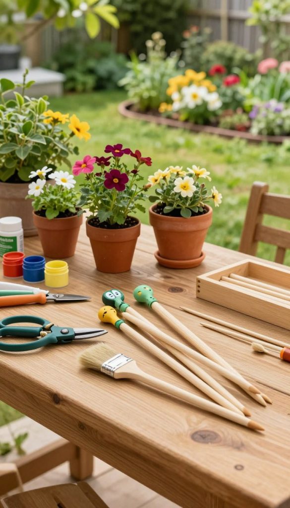 A beautifully organized DIY gardening workspace filled with various tools designed for crafting garden stakes. In the foreground, a wooden workbench displays neatly arranged tools: a pair of pruning shears, a paintbrush, and colorful paints alongside a few finished garden stakes featuring whimsical designs. In the middle ground, a vibrant assortment of plants and flowers adds a touch of life, sitting in terracotta pots. The background reveals a sunlit outdoor garden, lush with greenery and a well-maintained flower bed. Soft, warm lighting creates a cozy and inviting atmosphere, emphasizing natural textures. The scene exudes inspiration and creativity typical of Pinterest aesthetics, branded subtly with "KlickKiste" visible on a tool or workspace decoration.
